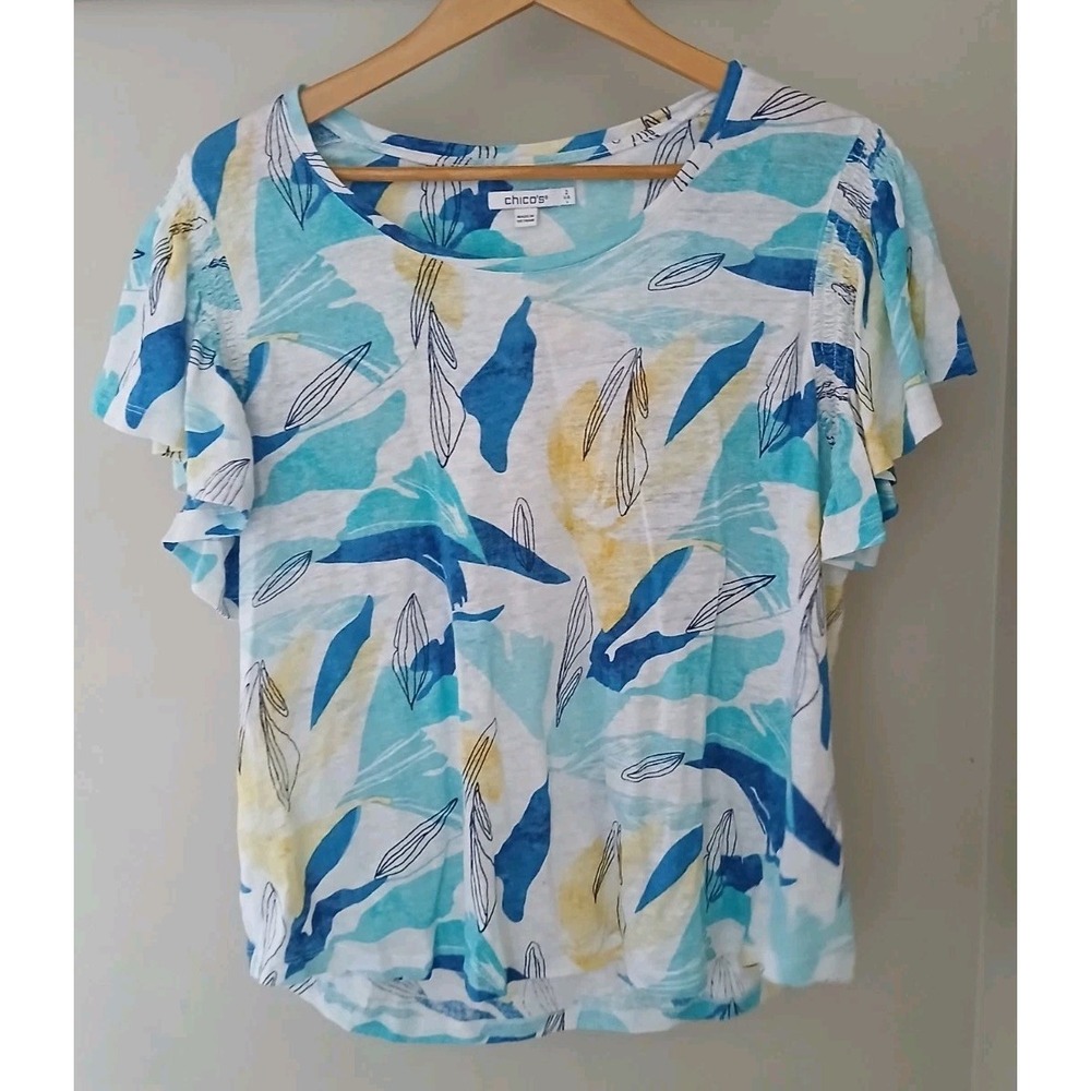 Chico's Linen Smocked Flutter Sleeve Tee Blouse Size 2 Large S/S Beach Printed